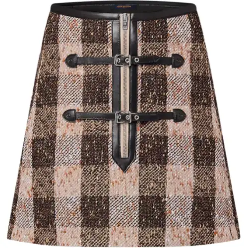 LOUIS VUITTON Leather Accent Check Tweed Skirt
