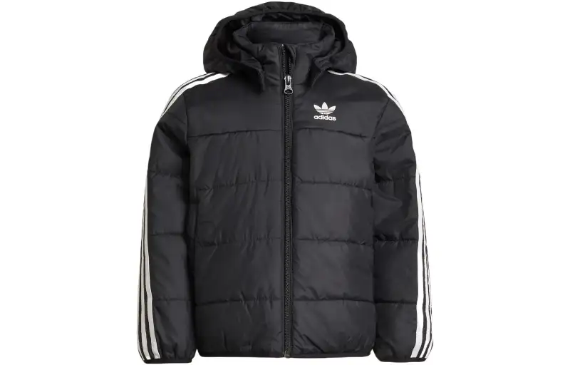 Adidas originals padded jacket ADICOLOR Padded Jacket solid color stripe print logo zipper hood black children's style