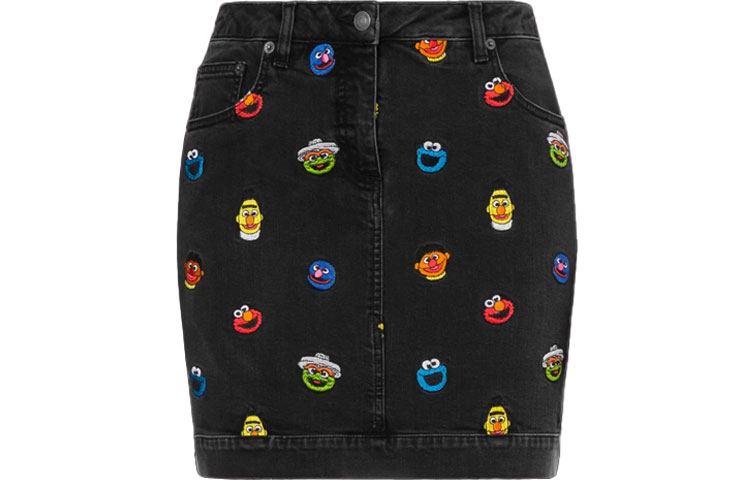 MOSCHINO Moschino x SESAME STREET joint model SS21 Sesame Street pattern embroidered stretch denim skirt black