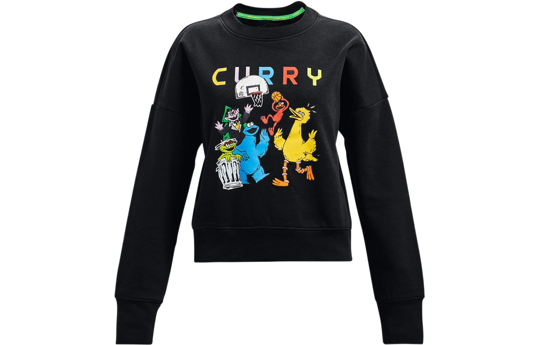 Under Armour Under Armor x SESAME STREET/Sesame Street joint model Curry x Sesame Street joint series children's clothing Curry cartoon pattern round neck pullover sweatshirt girls black children's style