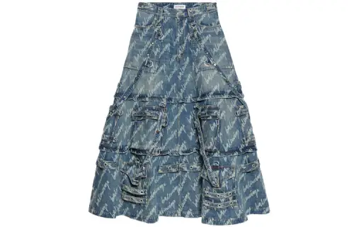 Balenciaga Denim Short Skirts Women's Blue Long Pleated Skirt