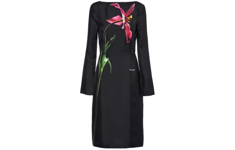 PRADA Printed Twill Dress Long Sleeved Dress Women's Black