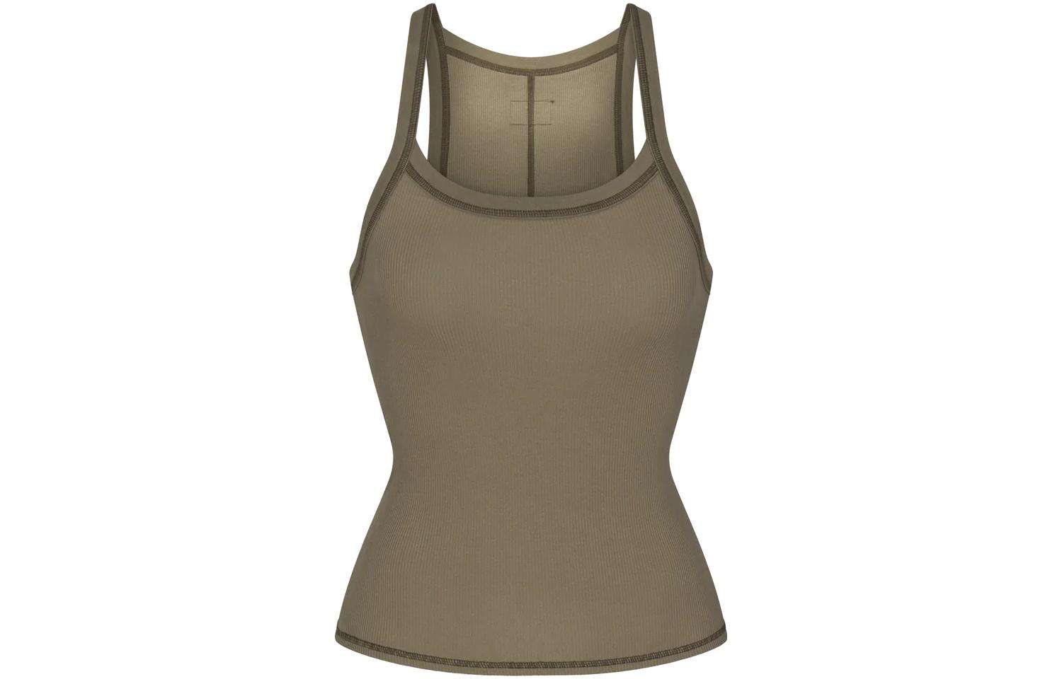 SKIMS FW23 COTTON series SCOOP TANK solid color soft casual ribbed cotton spaghetti strap sports vest women's military green
