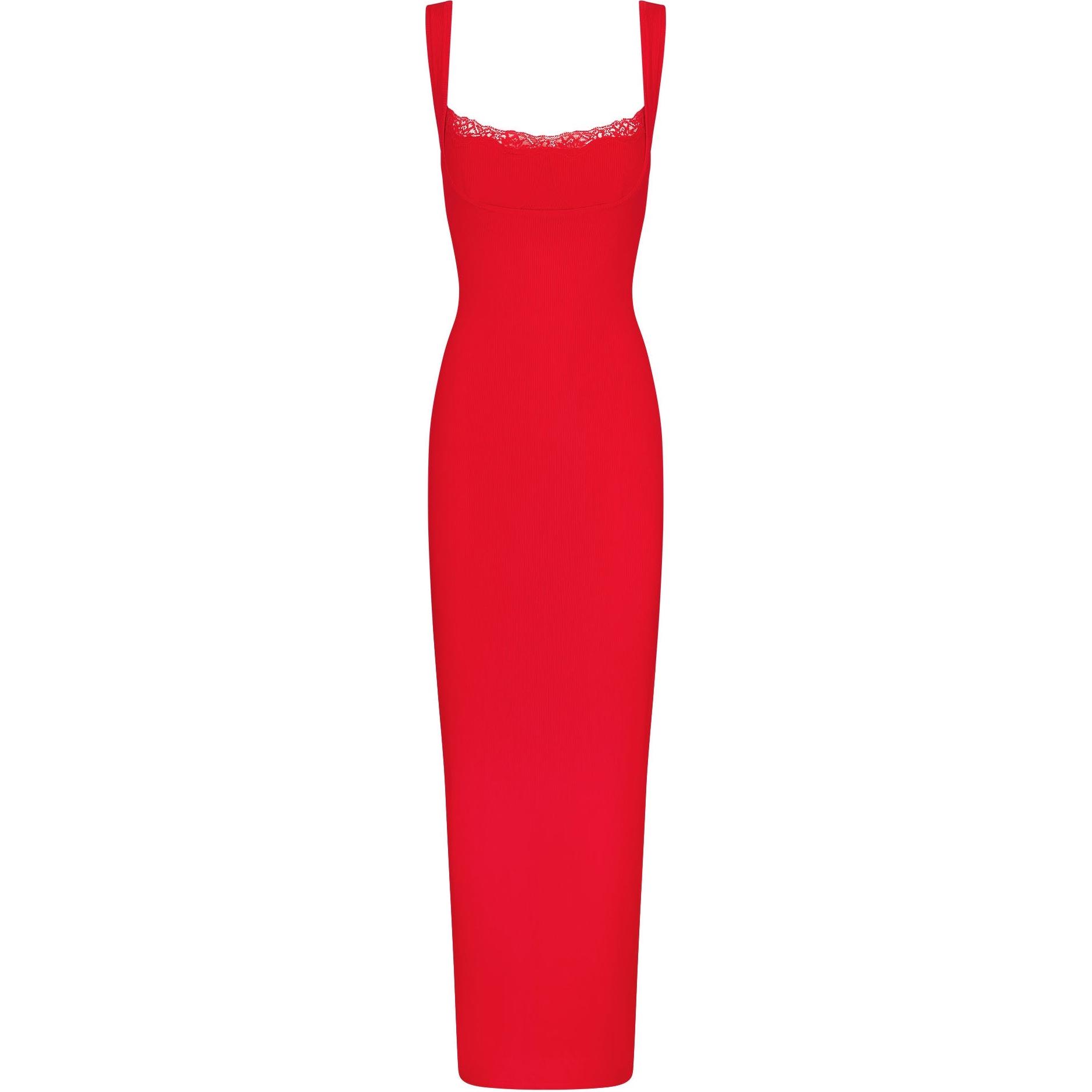 SKIMS Valentine's Day Series SS25 SOFT LOUNGE LACE LONG DRESS WITH BRALETTE Comfortable and soft lace round neck ribbed long suspender dress Women's CHERRY/cherry red
