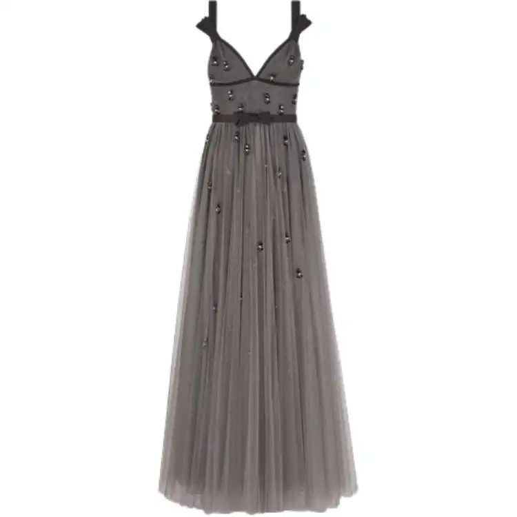DIOR Slip Dresses Women's Gray V Neck Moderate Long