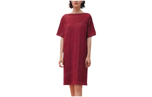 HERMES Short Sleeved Dresses Women's Carmine Boat Neck Moderate Mid Length