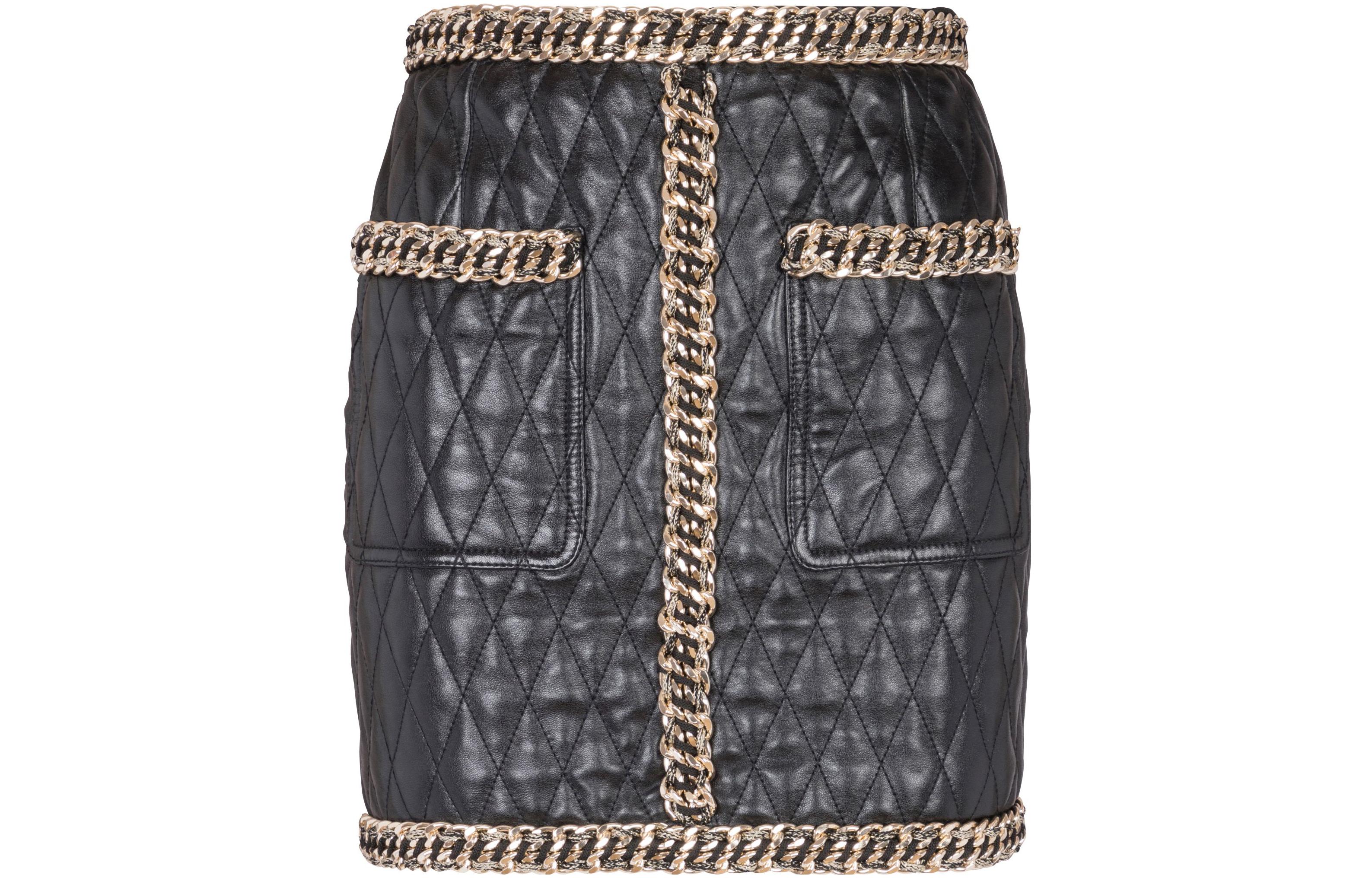 BALMAIN Balmain FW23 Quilted Leather Skirt With Chains Solid Color Casual Mid-waist Short Leather Skirt Women's Black