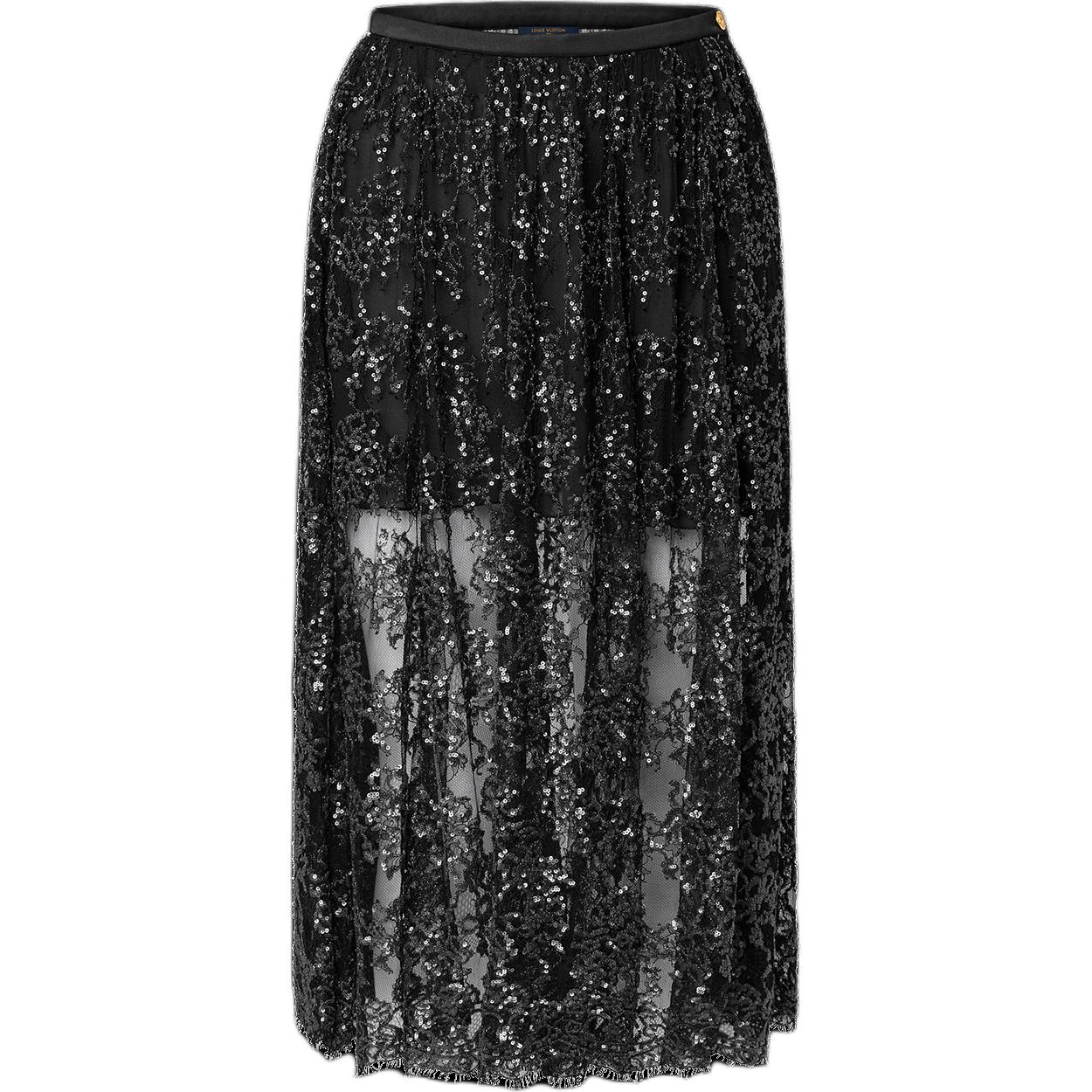 LOUIS VUITTON FW23 Sequin Lace Layered Midi Skirt Casual Long Skirt Women's Black