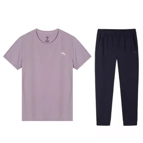 ANTA Casual Suits Women's Set Silk Gray Purple Short Sleeved Shirt+Basic Black Shorts Crew Neck Moderate