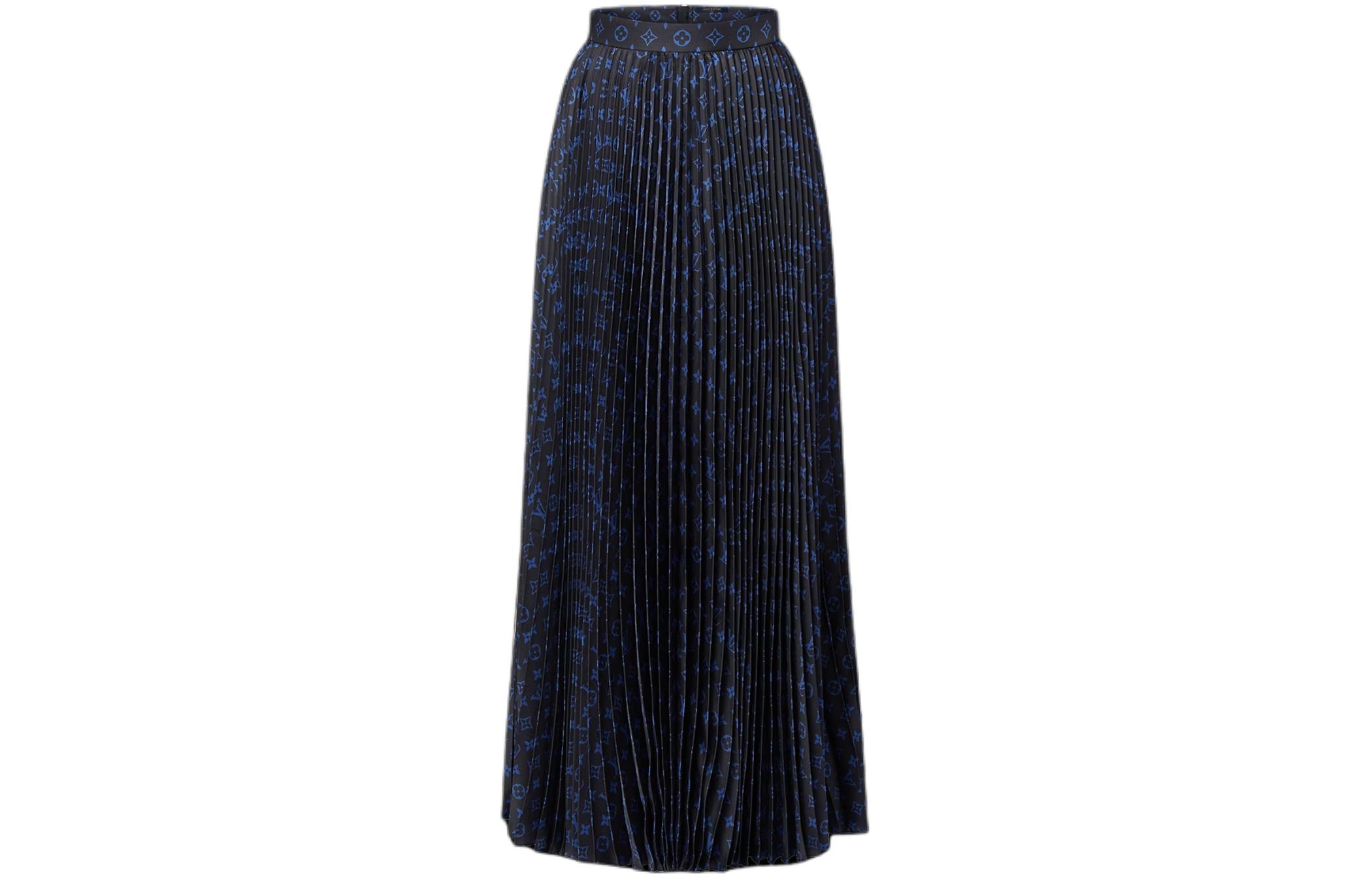 LOUIS VUITTON FW23 Elastic long straight pleated all-over printed casual long skirt for women, navy blue