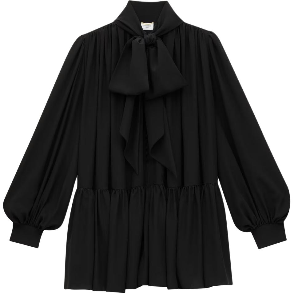 SAINT LAURENT Lavallière Pleated Long Sleeved Mini Dress