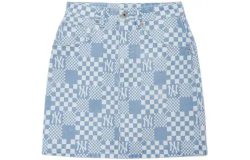 MLB New York Yankees SS22 New York Yankees Checkerboard Print Denim Skirt Women's Light Blue