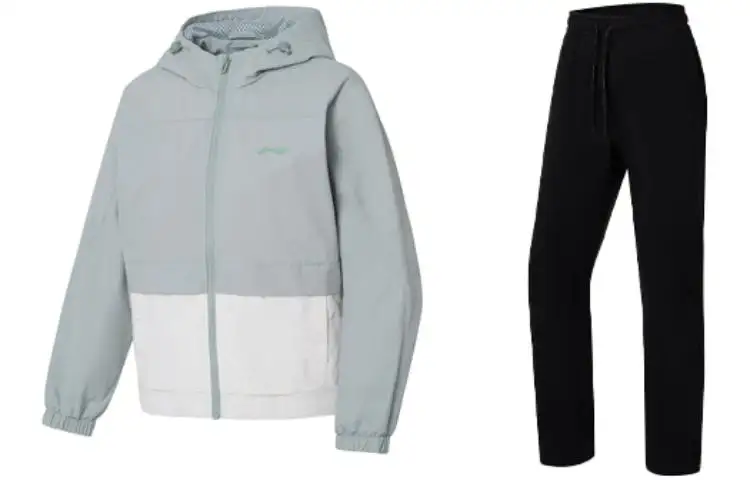 Li Ning Fitness Series Casual Suits Women's Set Aqua Gray Green Ivory+Black Hooded Moderate Other