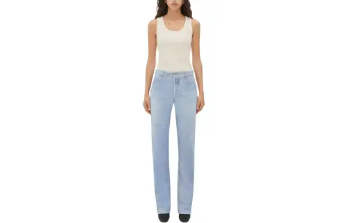 Bottega Veneta Printed Leather Boyfriend Fit Denim Jeans Women's Light Blue
