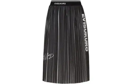 EVISU Casual Long Skirts Women's Black Mid Length Pleated Skirt