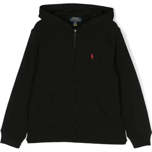 Polo Ralph Lauren Sweatshirt, pony with zipper, long-sleeve with hood, black children's jacket, with embroidery