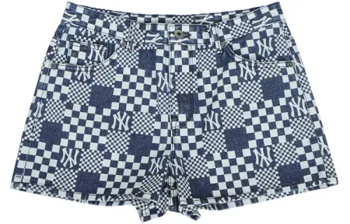 MLB SS22 New York Yankees checkerboard print denim shorts women's blue