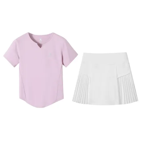 CAMEL T-shirt, elastic pleated skirt, set, V-neckline