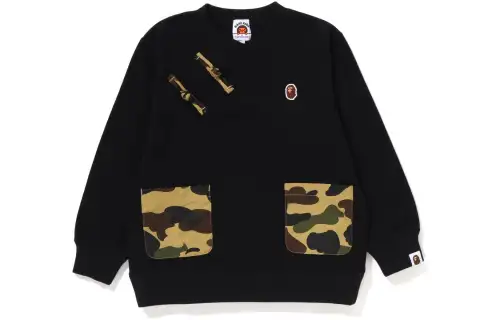 BAPE SS23 1st Camo China Button Crewneck logo splicing camouflage print round neck long-sleeved sweatshirt children's style children's style