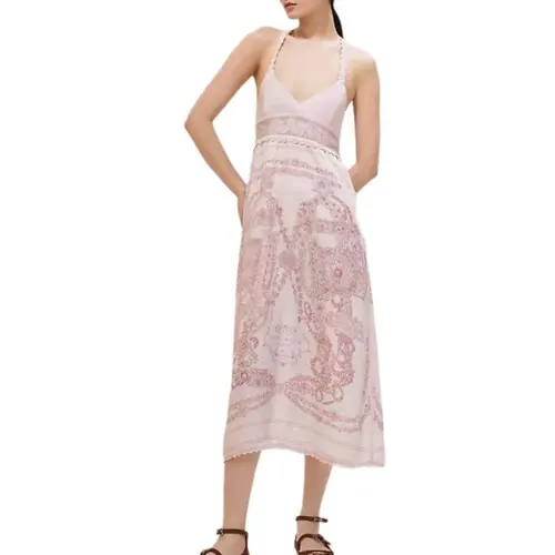 HERMES Slip Dresses Women's Pink V Neck Moderate Mid Length