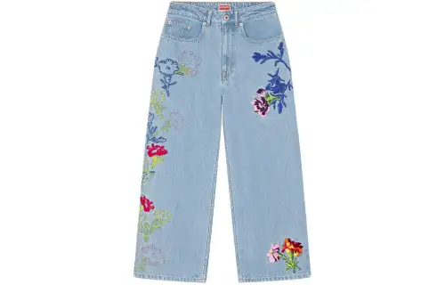 KENZO Floral Embroidered Cropped Wide Leg Jeans