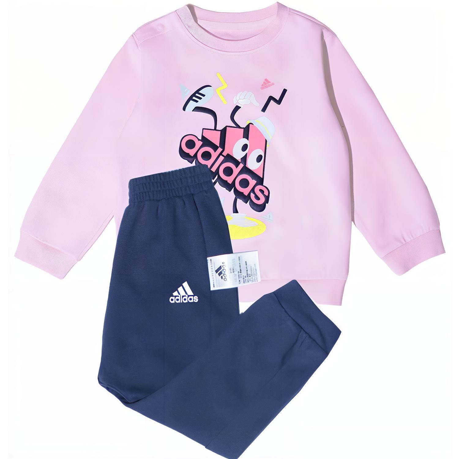 Adidas, sports suit, cartoon long-sleeve with letters with a round collar, fuchsia blue children's trousers, with your logo imprint