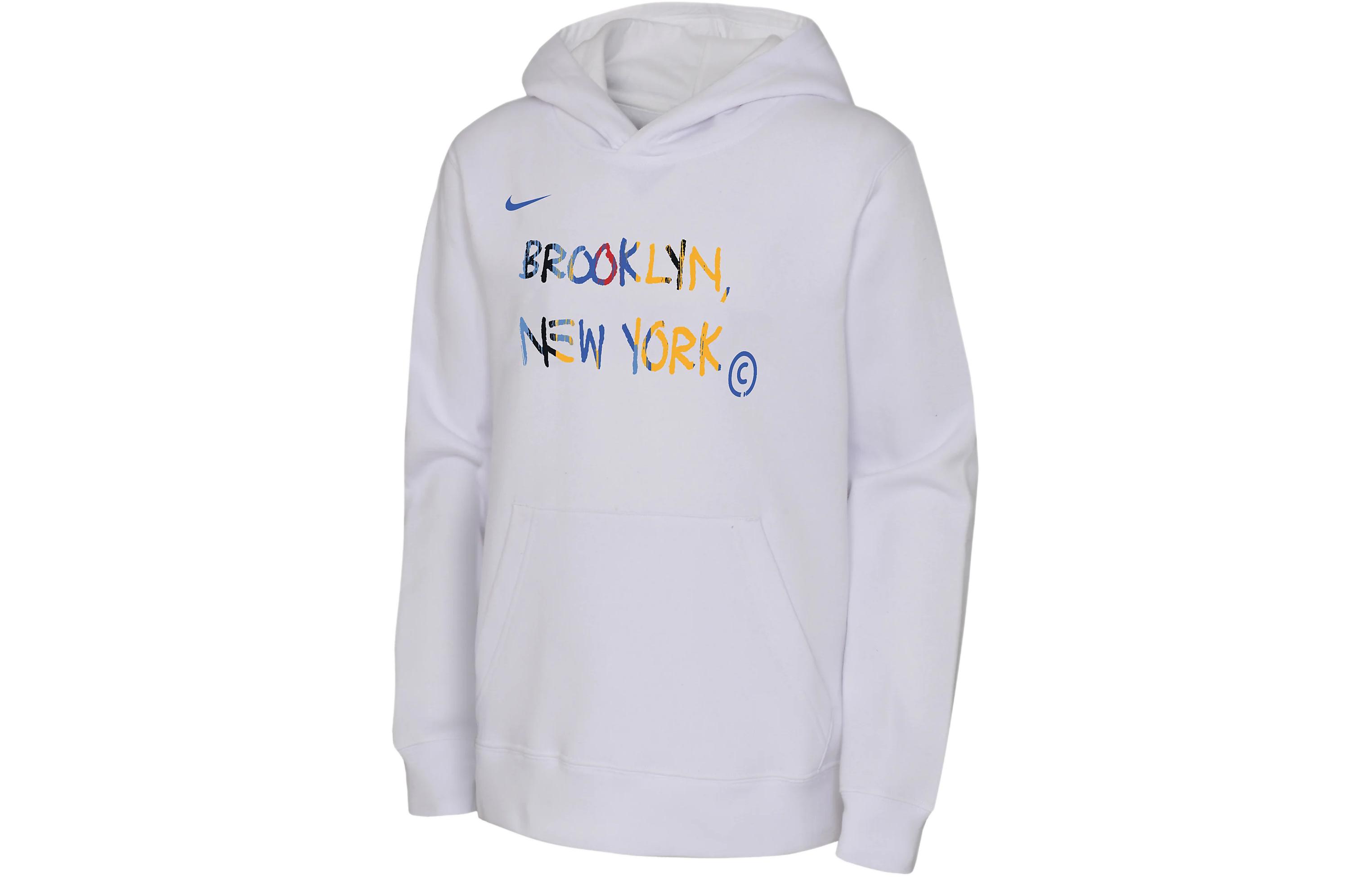Nike Brooklyn Nets City Edition Letter Print Hooded Sweatshirt Brooklyn Basketball White Children's Style