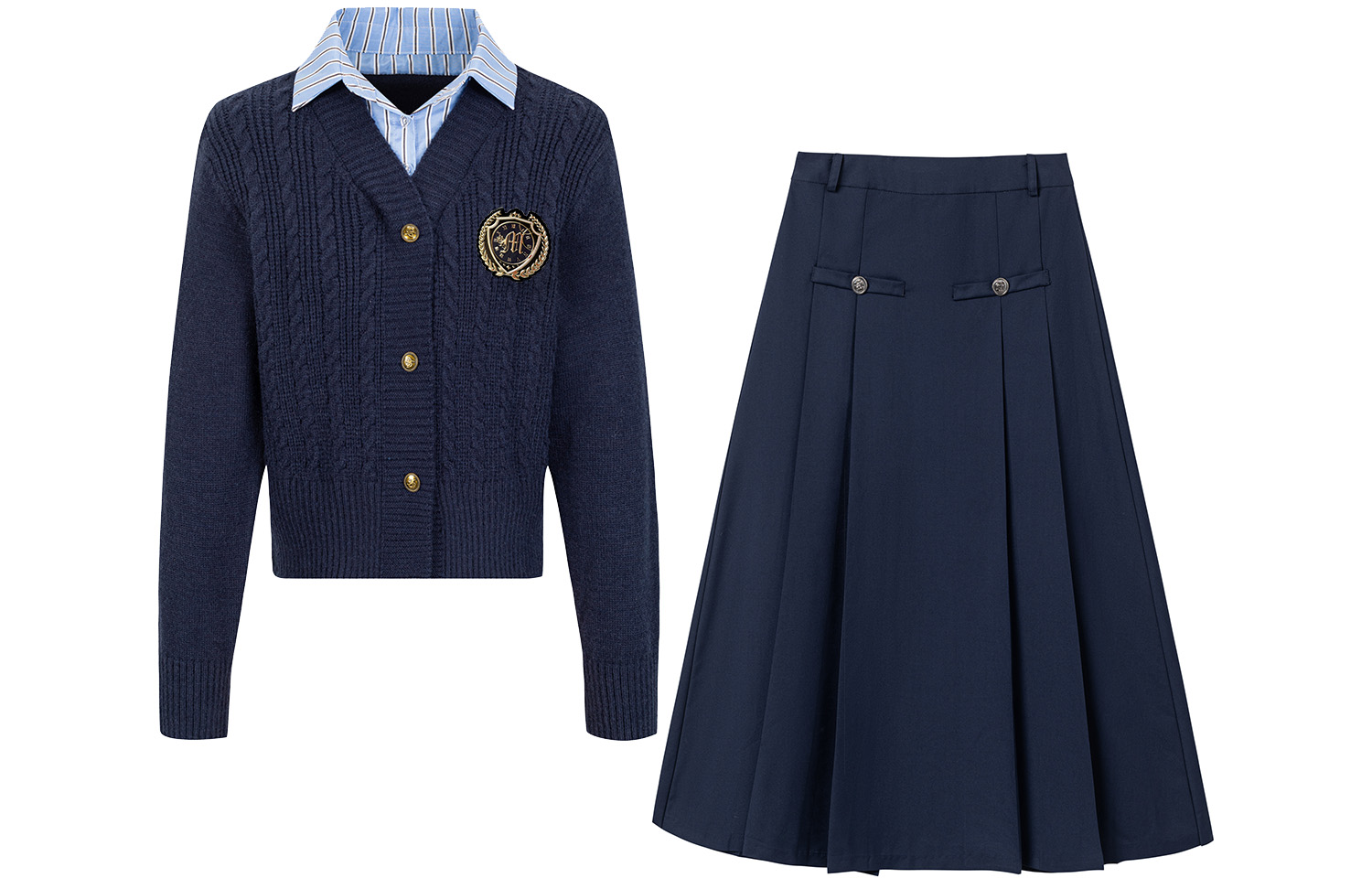 Set, pin, sweater, skirt, uniform, high waist