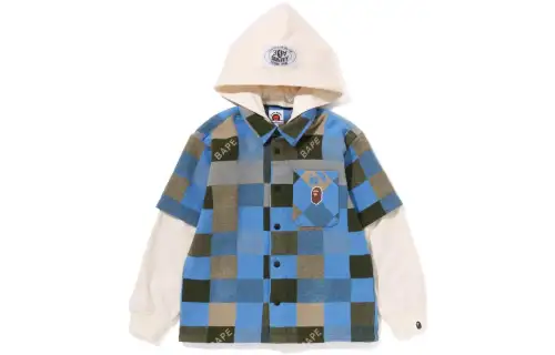 A BATHING APE Shirt Bape Block check hoodie layered shirt Block check removable hooded layered long sleeve children's style