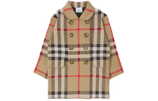Burberry Tweed Buttoned Waist Cinching Lapel Wool Coat Cardigan Coat Beige Kids'