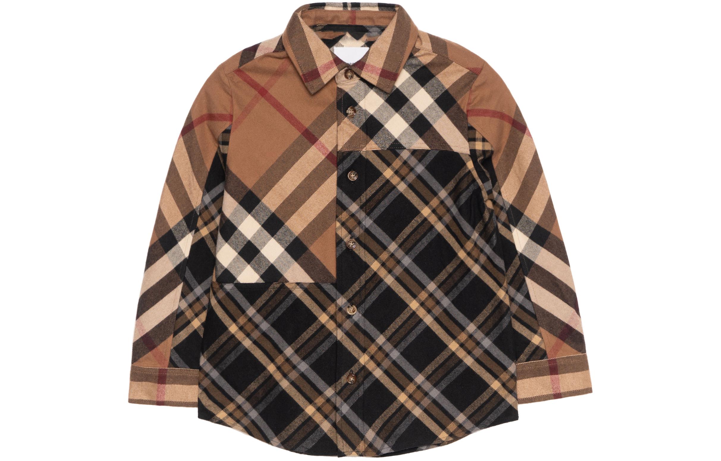 Burberry Burberry FW22 plaid patchwork lapel single-breasted long-sleeved plaid shirt spring and autumn children's brown