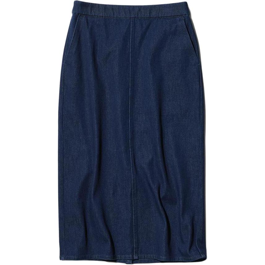 UNIQLO Uniqlo FW24 Denim Series Solid Color High Elasticity Back Slit Long Half-length Casual Long Skirt Women's Navy Blue