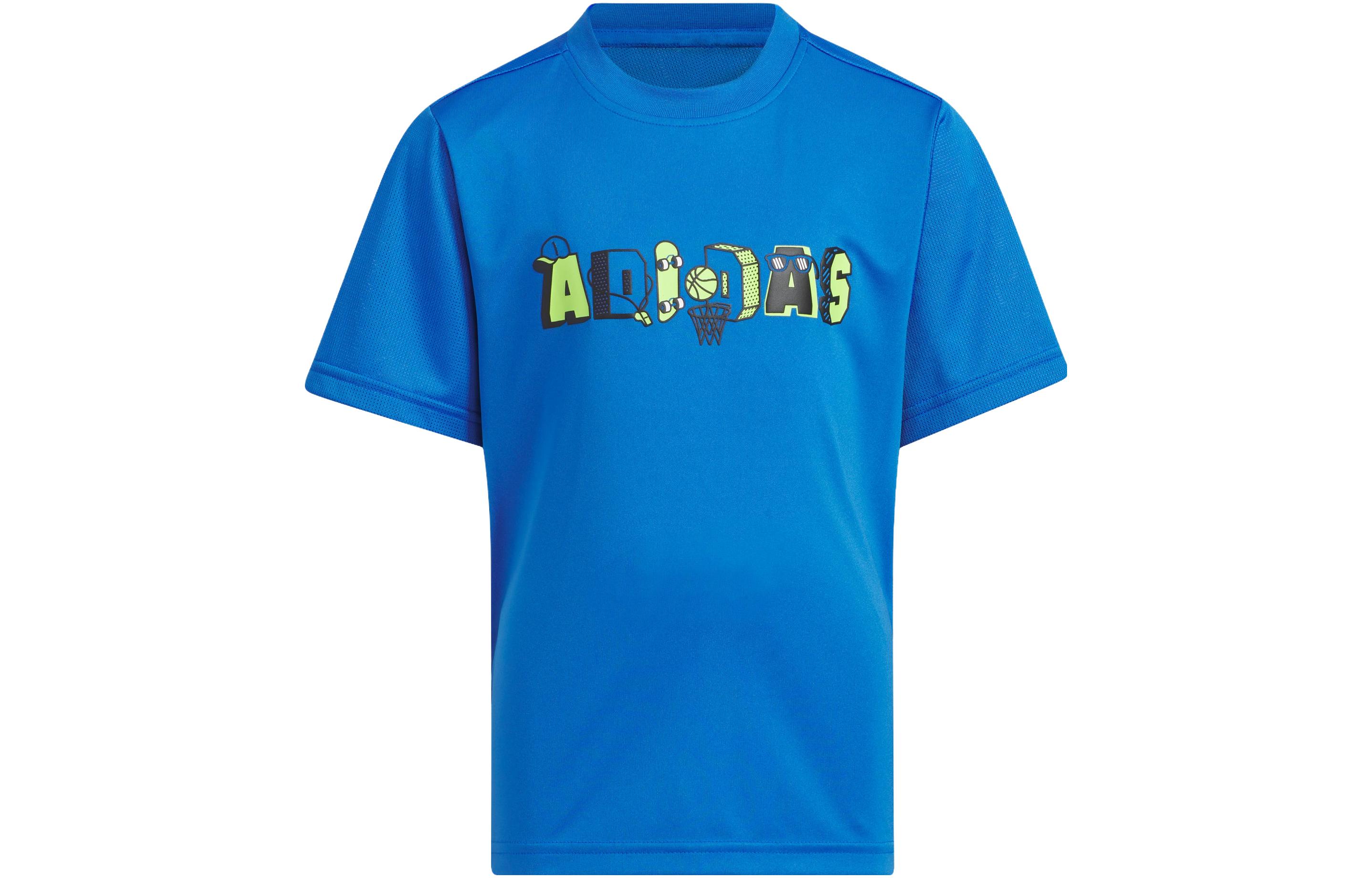 Adidas T-shirt children's clothing Sportswear Express Tee cartoon hand-painted letter printing quick-drying sports casual short-sleeved air force blue children's style