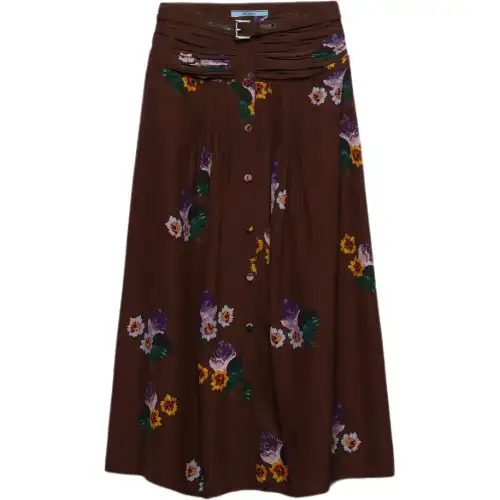 PRADA Floral Printed Belted Midi Skirt