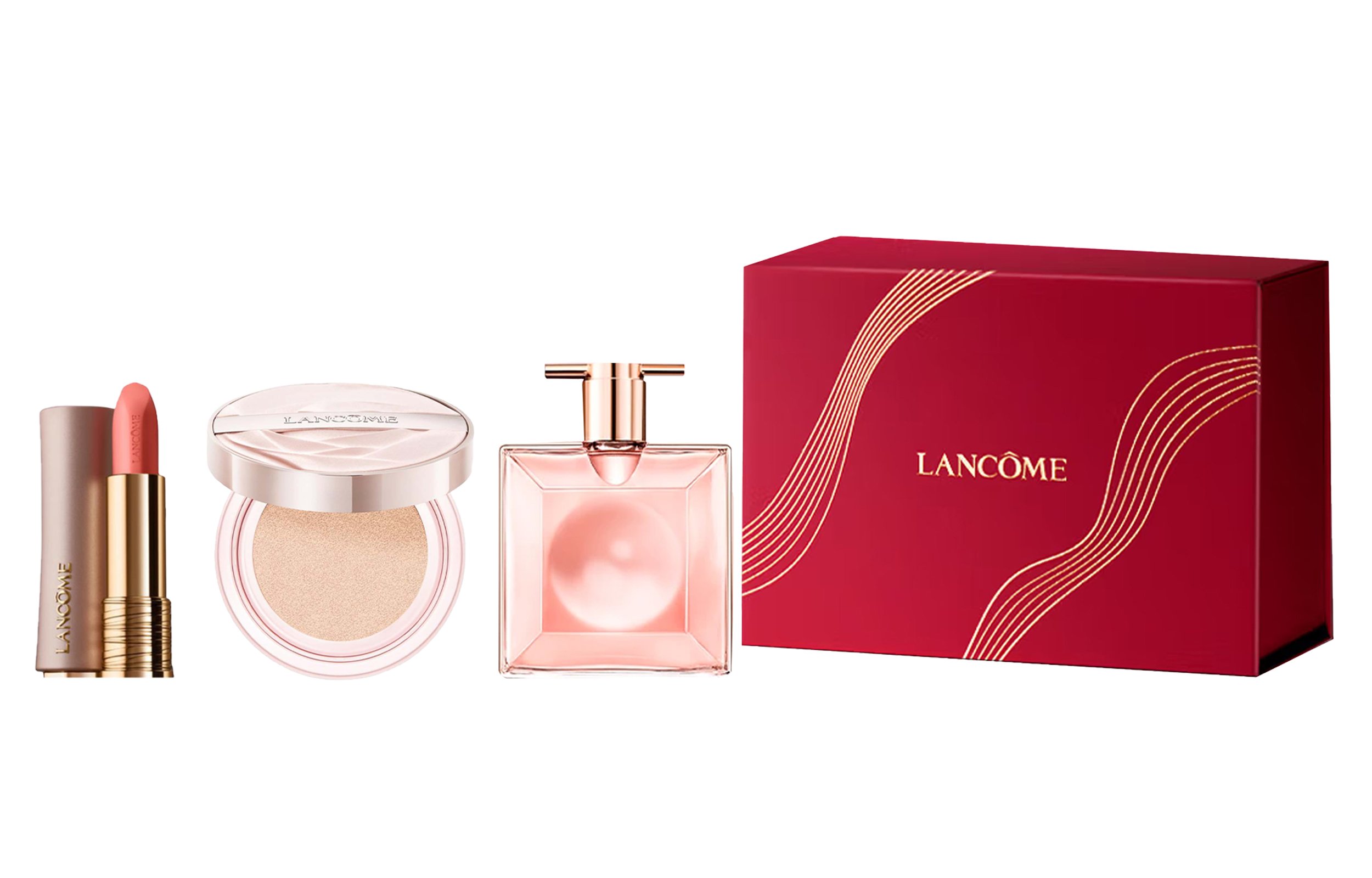 LANCOME Pink Gold Tube Lipstick Is My Air Cushion Perfume Sets Eau De Parfum EDP Lemon Pear Floral Scent 3.4g+14g+25ml