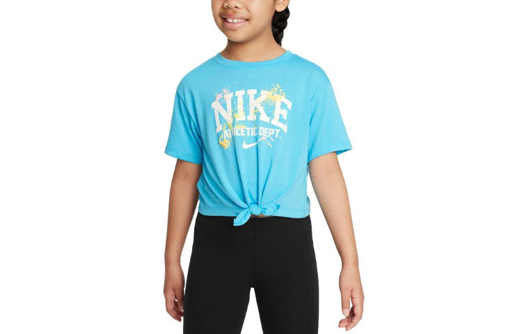 Children's Nike Children's Clothing \"Just DIY It\" Knotted Top Logo letter print round neck short-sleeved T-shirt girls sky blue