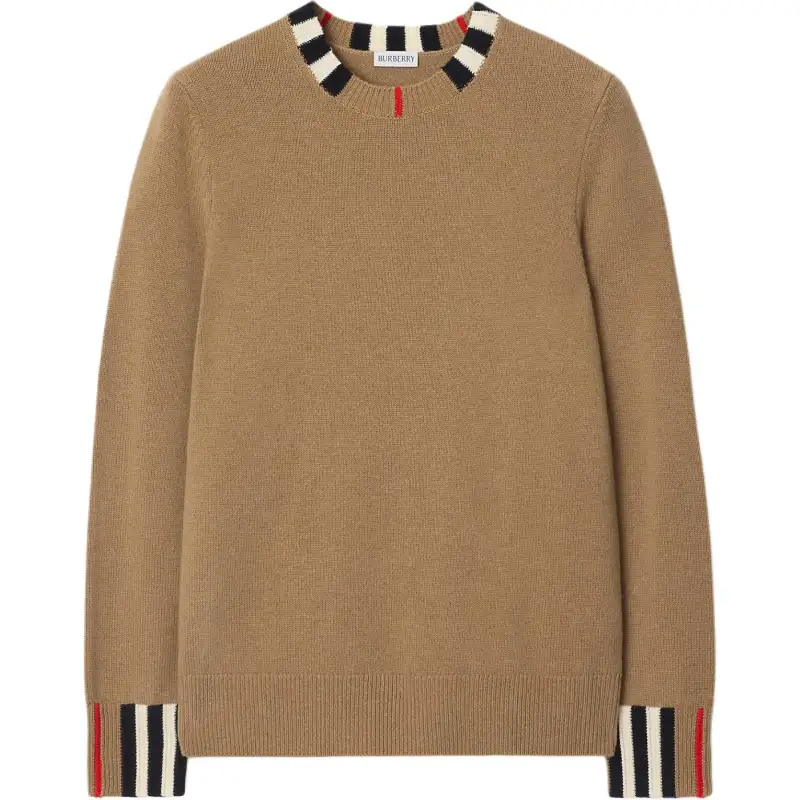 Burberry Icon Stripe Trim Cashmere Knit Sweatshirt Archive Beige