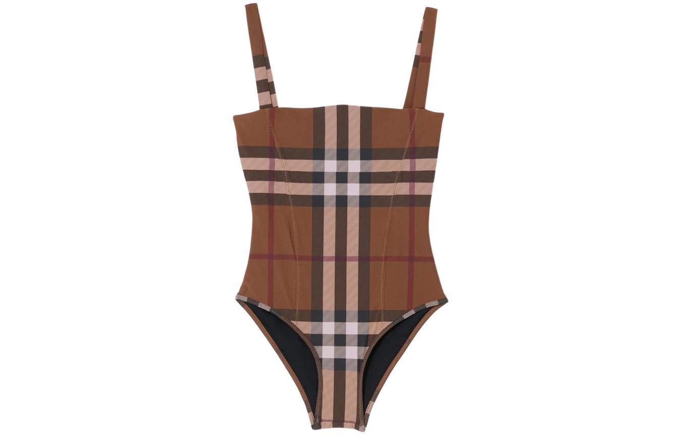 Burberry Burberry SS23 plaid pattern printed square neck one-piece swimsuit women's brown