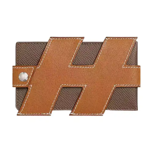 HERMES H Tag Pigskin With Epsom Calfskin Card Holder Women's Toffee/Chestnut