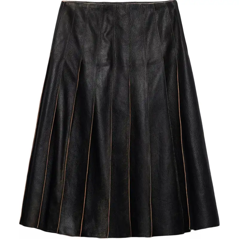 PRADA Pleated Leather Midi Skirt