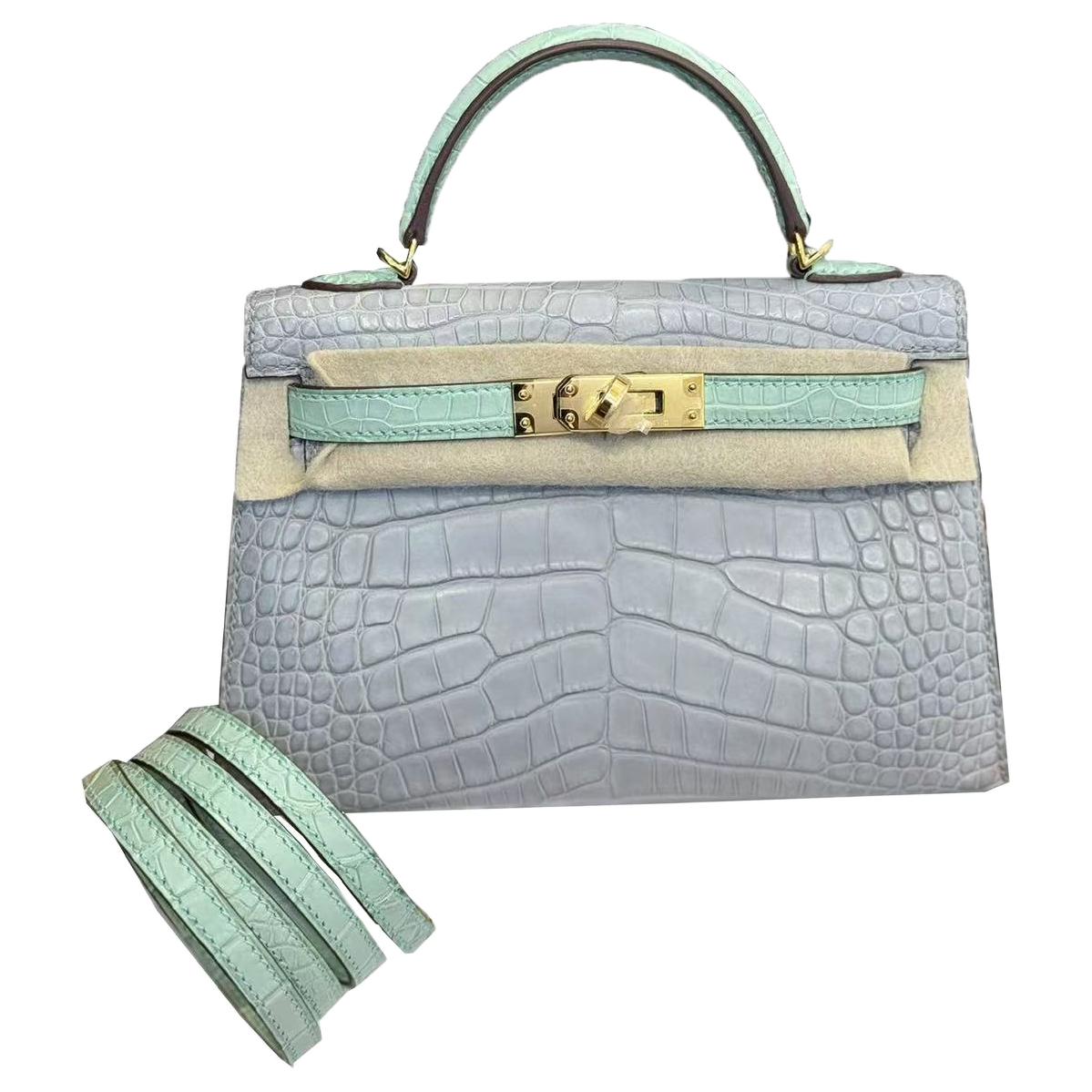 Женская сумка Hermes Mini Kelly (жемчужно-серая с мятно-зеленым)
