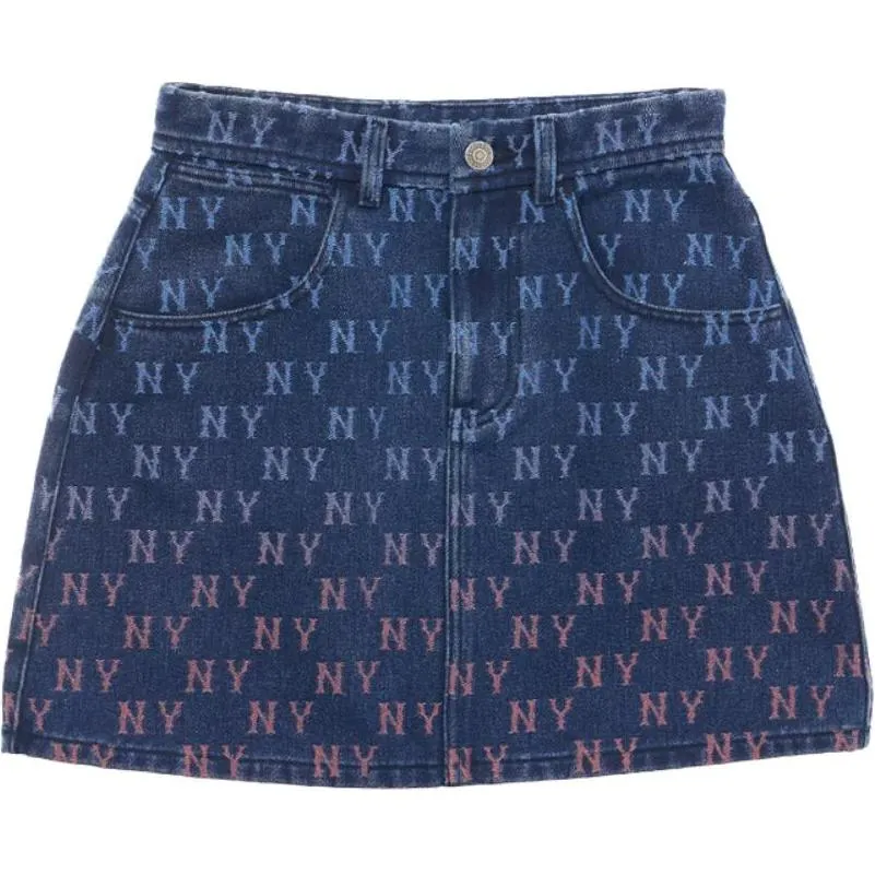 MLB New York Yankees Denim Gradation Jacquard Monogram New York Yankees Denim Short Skirts Women's Blue