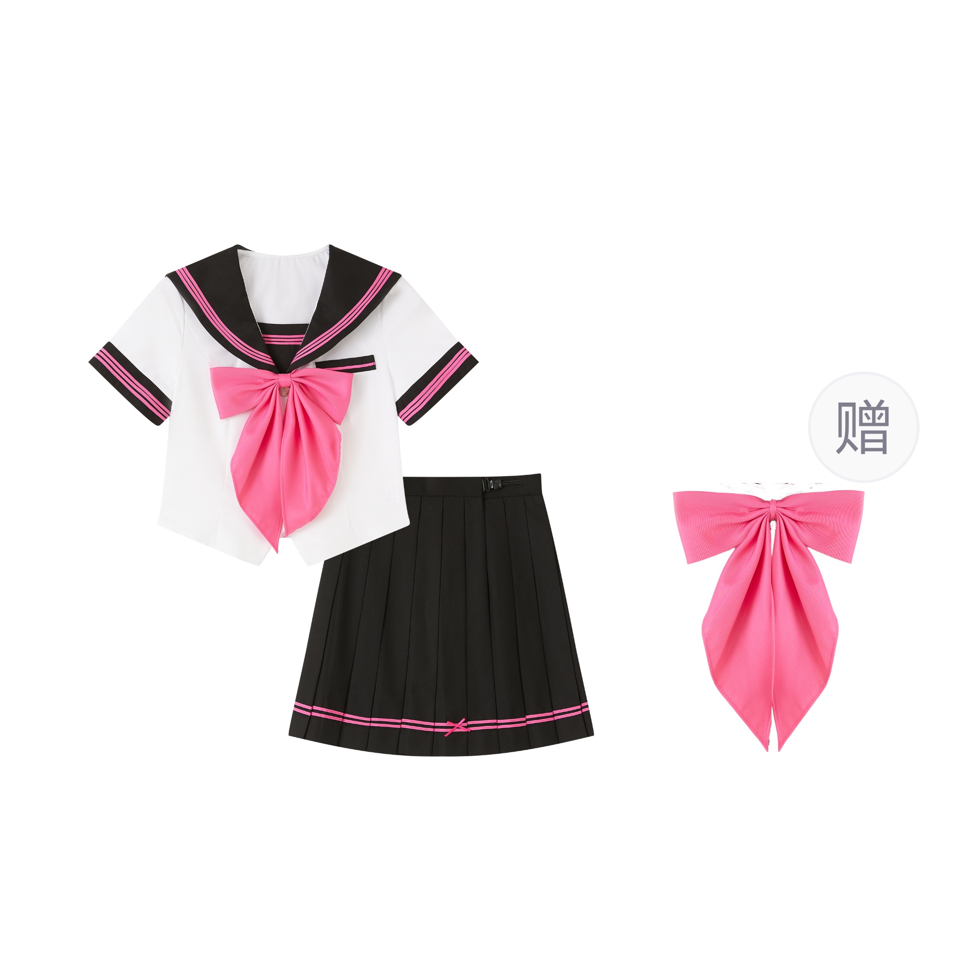 Small cute navy set with bow, fitted brace, student pleated skirt for students, with short sleeve