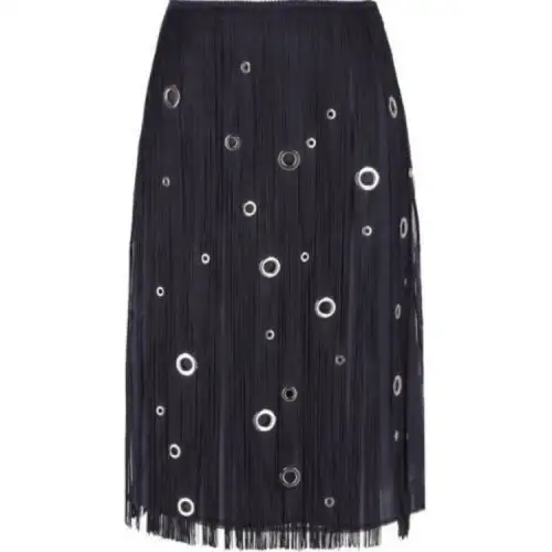 PRADA High-Waist Eyelet-Embellished Fringed Midi Skirt