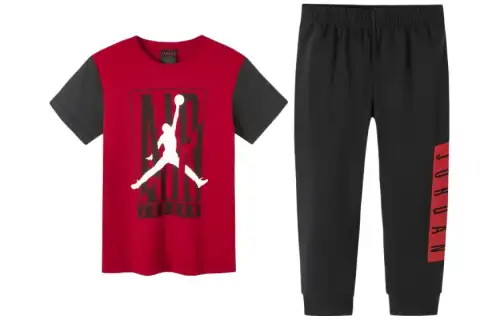 Jordan T-shirt with a round collar with letters, trousers, children's black sports suit, with short sleeve, elastic waist