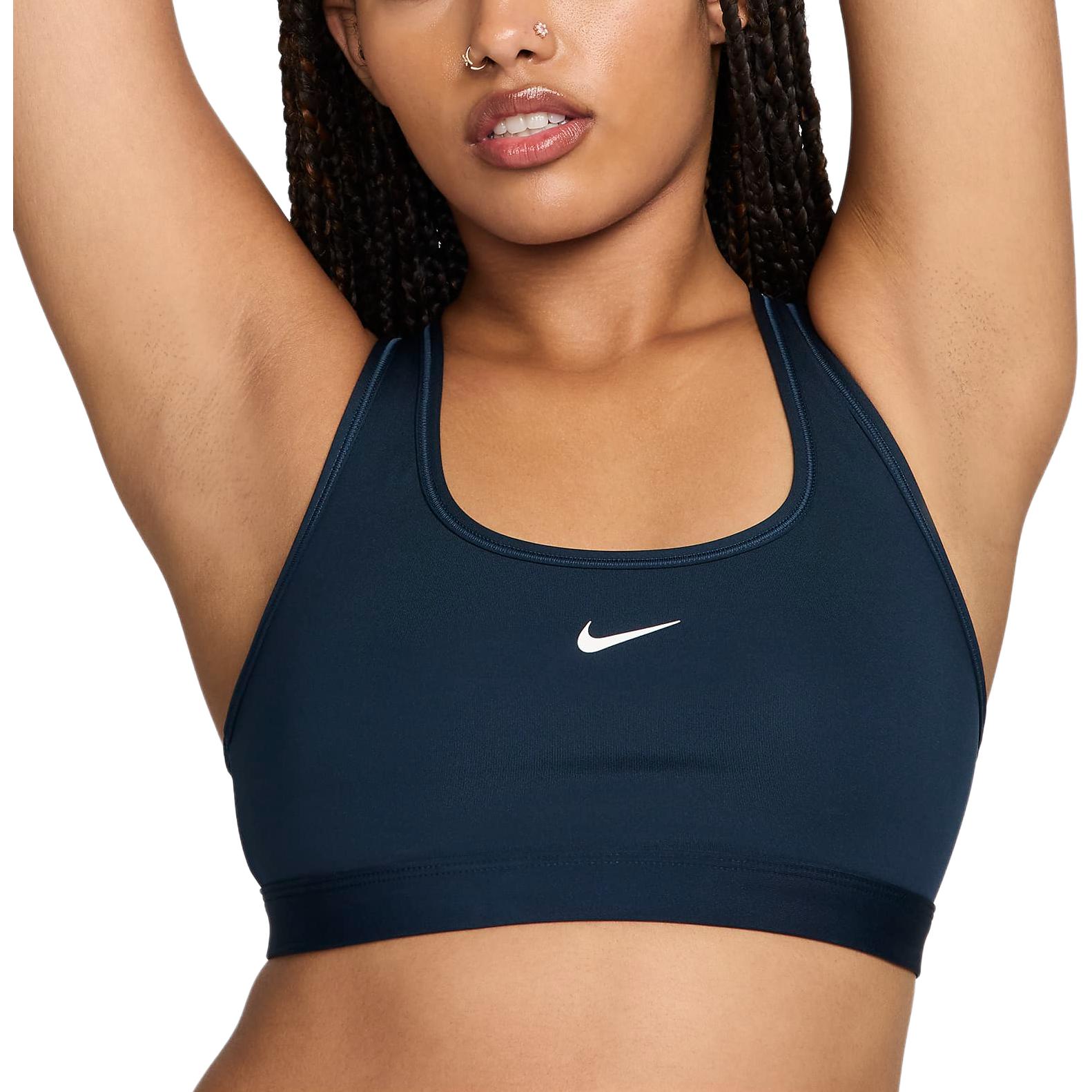 Nike Swoosh Light Support Dri-FIT moisture-wicking non-padded solid color brand logo casual sports bra for women, navy/white