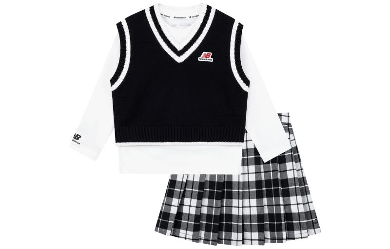New Balance Long-sleeve, pleated skirt, black set, children's clothing, V-neckline