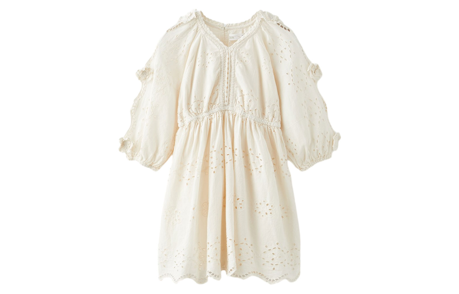 ZARA Children's long-sleeve, sand dress, V-neckline, with embroidery, classic length
