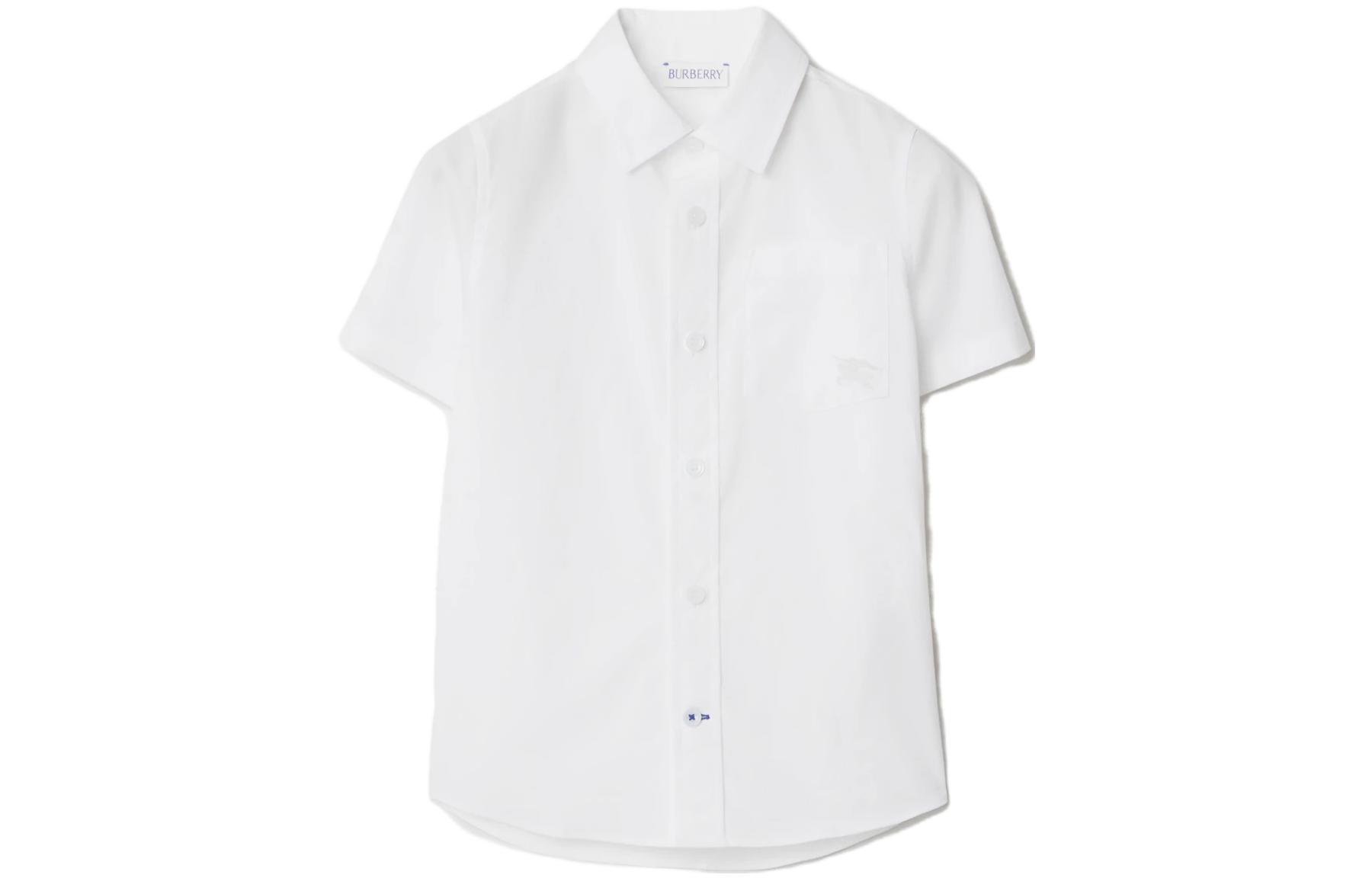 Burberry Burberry Shirt Children's Clothing FW23 Stretch Cotton Shirt Solid Color Pointed Collar Single-Breasted Casual Short Sleeves White Children's Style