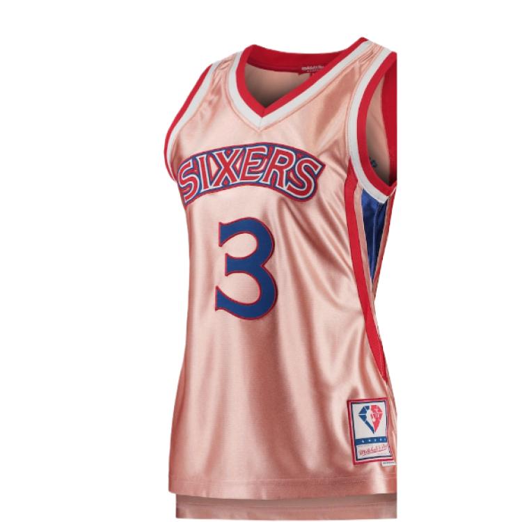 NBA X Mitchell & Ness joint model Philadelphia 76ers Allen Iverson 75th Anniversary Rose Gold 1996 Fan Edition Comfortable V-neck Pullover Sleeveless Basketball Vest Women's Pink